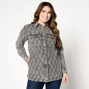 Joan Rivers Cotton Denim Boyfriend Shirt • Grey Wash • Diamond Stitch • Large